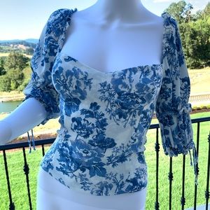 Reformation Puff Sleeve Blue Floral Top